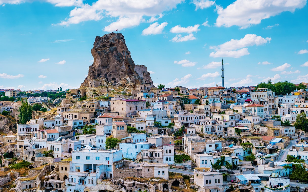 Ortahisar town with Kalesi Castle rock formation in Cappadocia, Turkey.