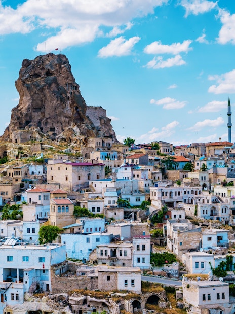 Ortahisar town with Kalesi Castle rock formation in Cappadocia, Turkey.