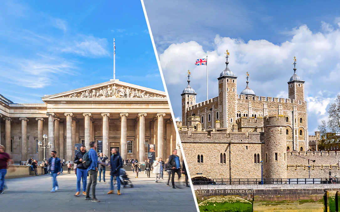 British Museum facade and Tower of London with Union Jack flag.