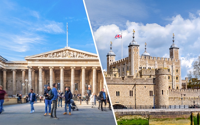 British Museum facade and Tower of London with Union Jack flag.