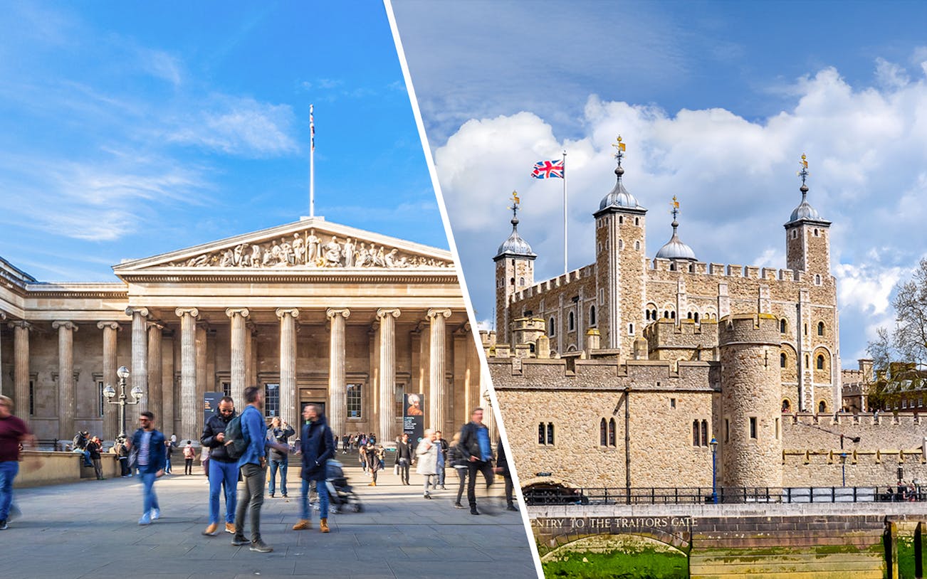 British Museum facade and Tower of London with Union Jack flag.