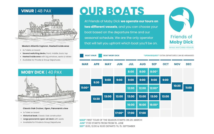 Vinur and Moby Dick boats for whale watching tours in Húsavík, Iceland, with seasonal schedule.