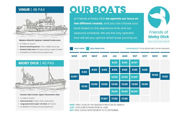 Vinur and Moby Dick boats for whale watching tours in Húsavík, Iceland, with seasonal schedule.