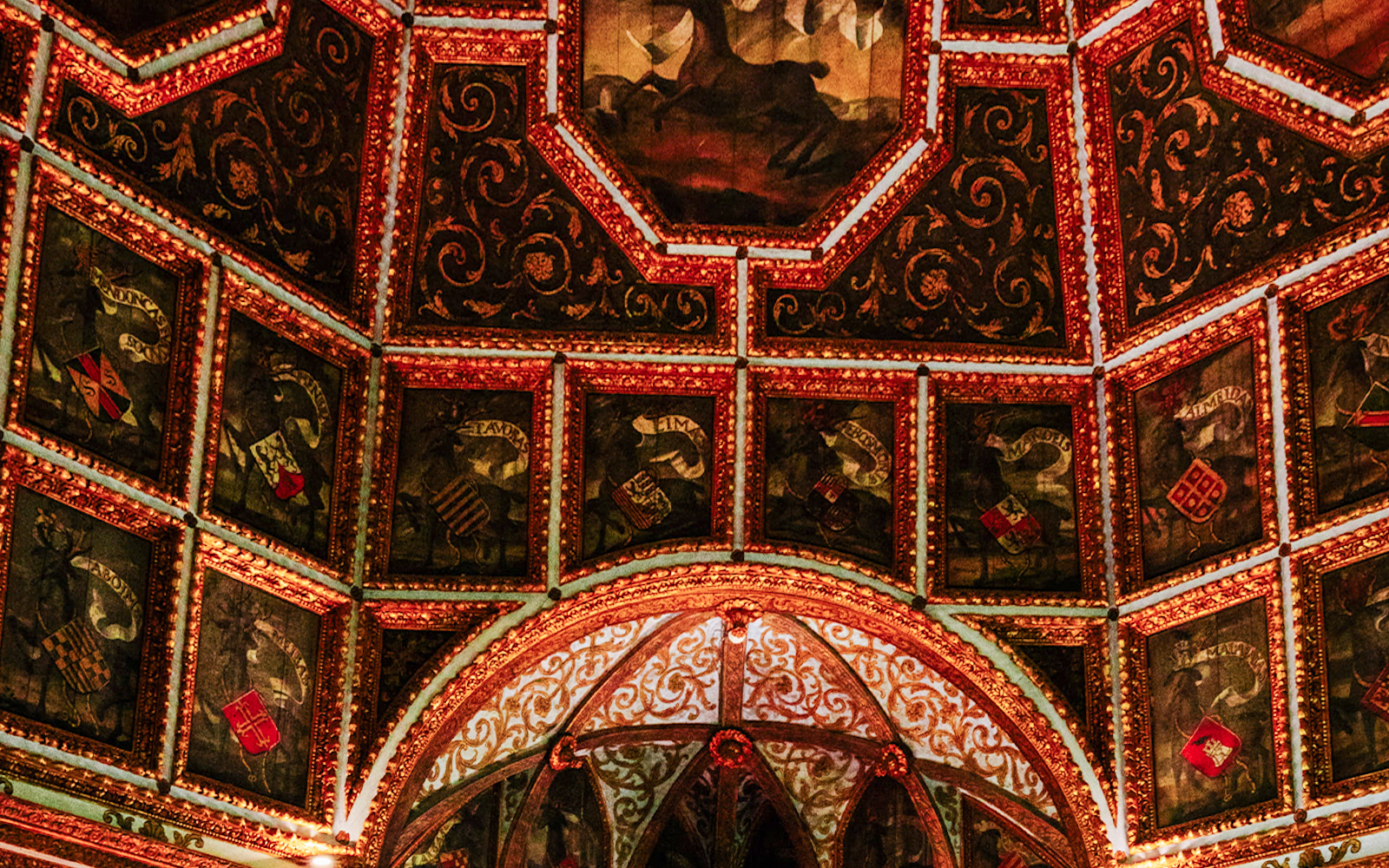 Pagoda Room ceiling art at National Palace of Sintra, Portugal, featuring intricate geometric patterns.