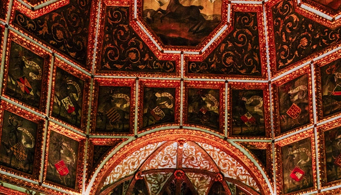Pagoda Room ceiling art at National Palace of Sintra, Portugal, featuring intricate geometric patterns.