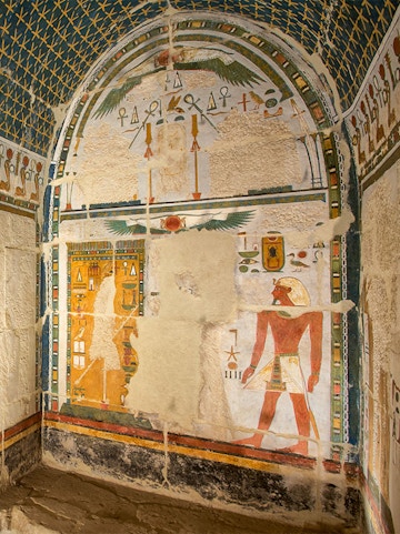 Ancient Egyptian wall art at Upper Anubis shrine, Temple of Hatshepsut, Cairo.