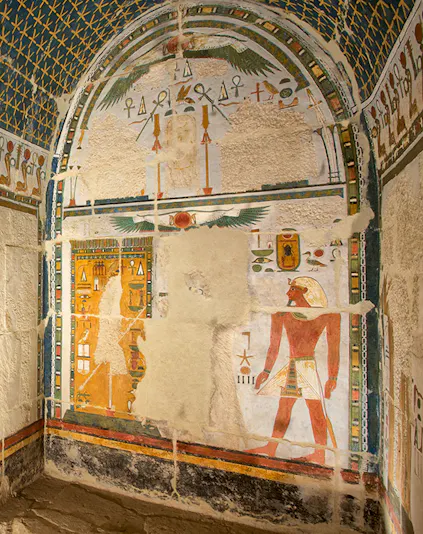 Ancient Egyptian wall art at Upper Anubis shrine, Temple of Hatshepsut, Cairo.