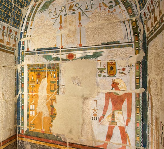 Ancient Egyptian wall art at Upper Anubis shrine, Temple of Hatshepsut, Cairo.