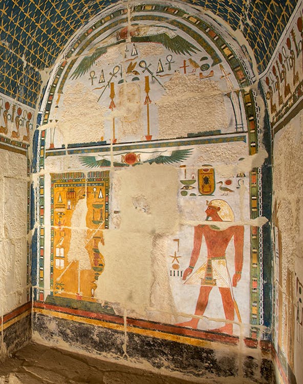 Ancient Egyptian wall art at Upper Anubis shrine, Temple of Hatshepsut, Cairo.