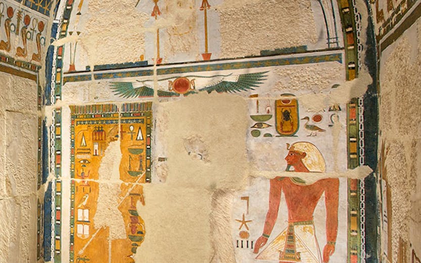 Ancient Egyptian wall art at Upper Anubis shrine, Temple of Hatshepsut, Cairo.