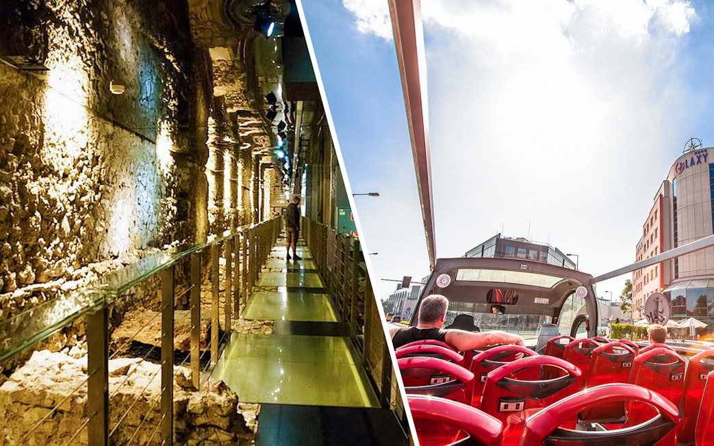 Rynek Underground Museum walkway and Kraków hop-on hop-off bus tour with city view.