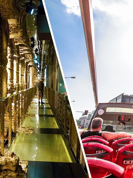 Rynek Underground Museum walkway and Kraków hop-on hop-off bus tour with city view.