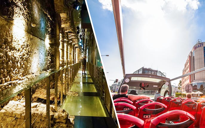 Rynek Underground Museum walkway and Kraków hop-on hop-off bus tour with city view.