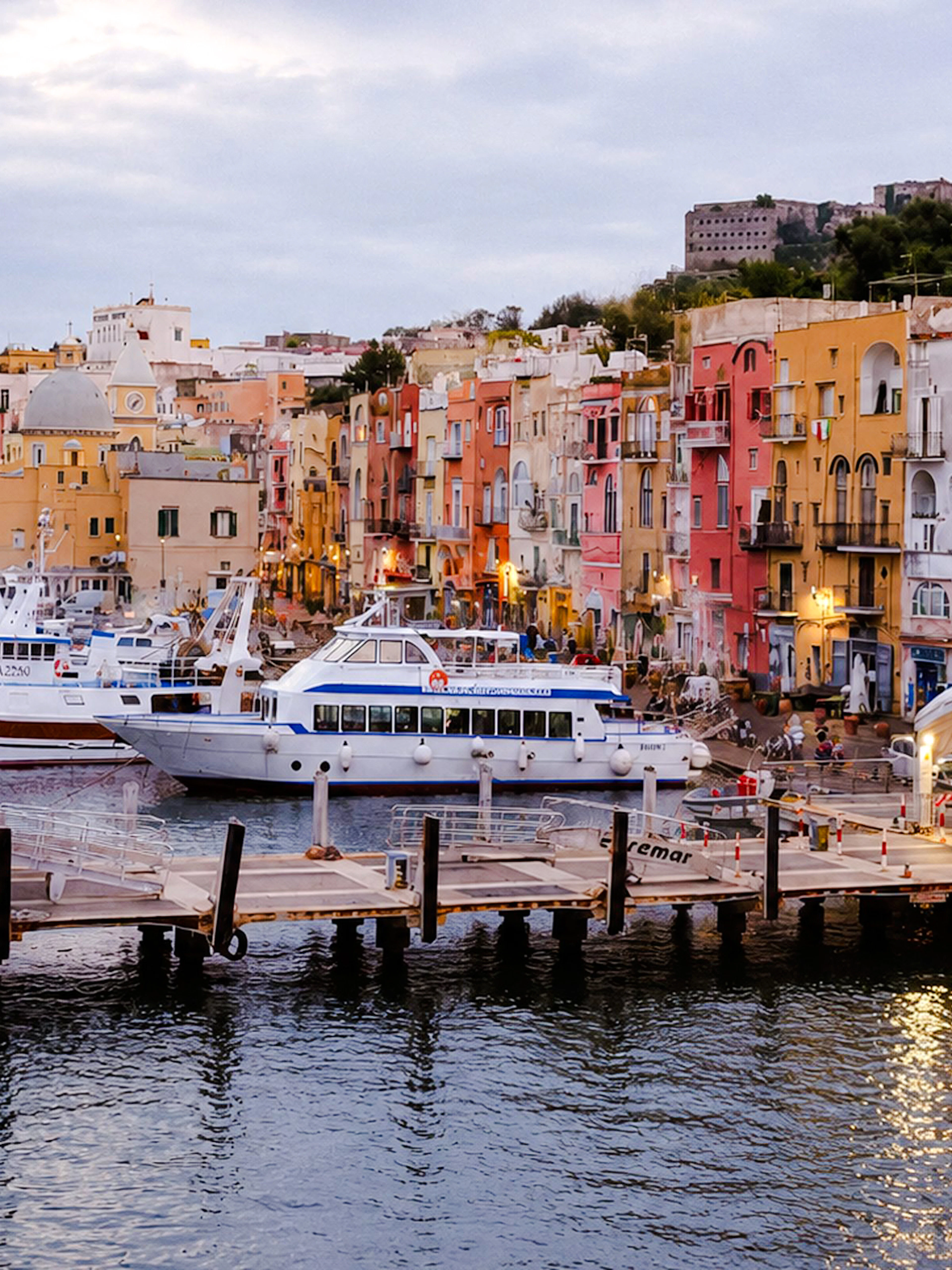 Boats docked at colorful Procida harbor, part of the Procida Boat Tour from Ischia with lunch, Naples.