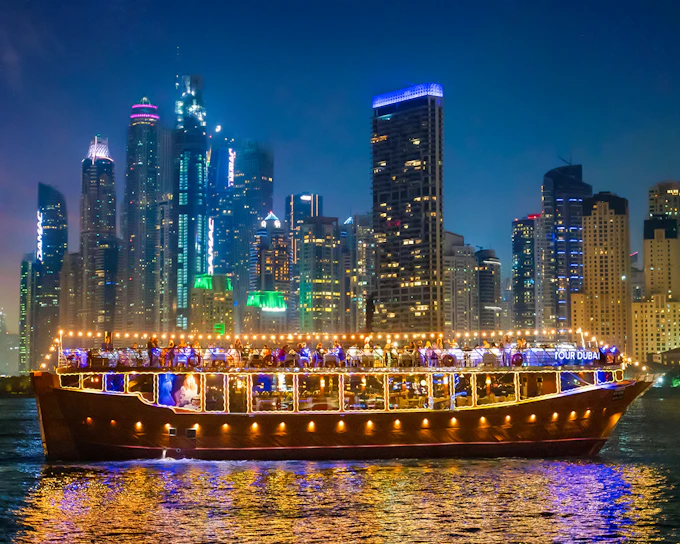 From Dubai Marina: 2-Hour Luxury Dhow Dinner Cruise with 5-Star Dinner, Entertainment & Unlimited Drinks