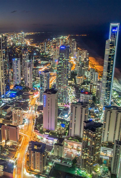 Aerial view of Gold Coast cityscape at night from Skypoint Observation Deck.