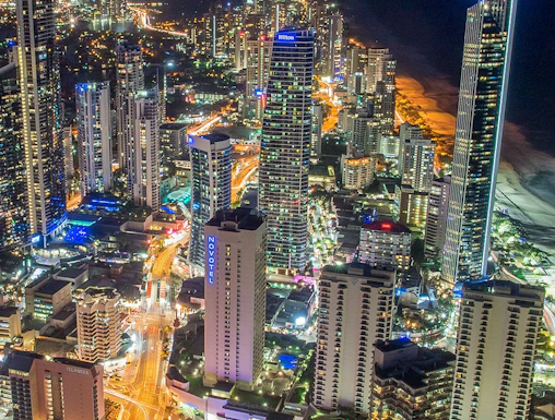 Aerial view of Gold Coast cityscape at night from Skypoint Observation Deck.