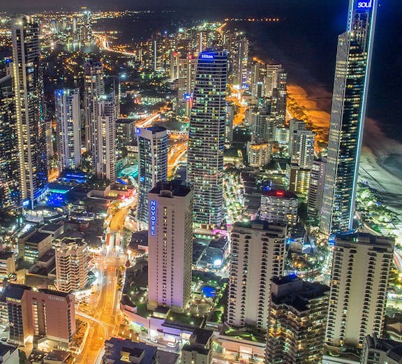Aerial view of Gold Coast cityscape at night from Skypoint Observation Deck.