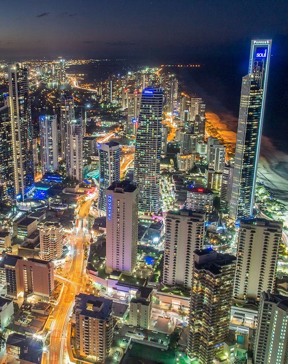 Aerial view of Gold Coast cityscape at night from Skypoint Observation Deck.