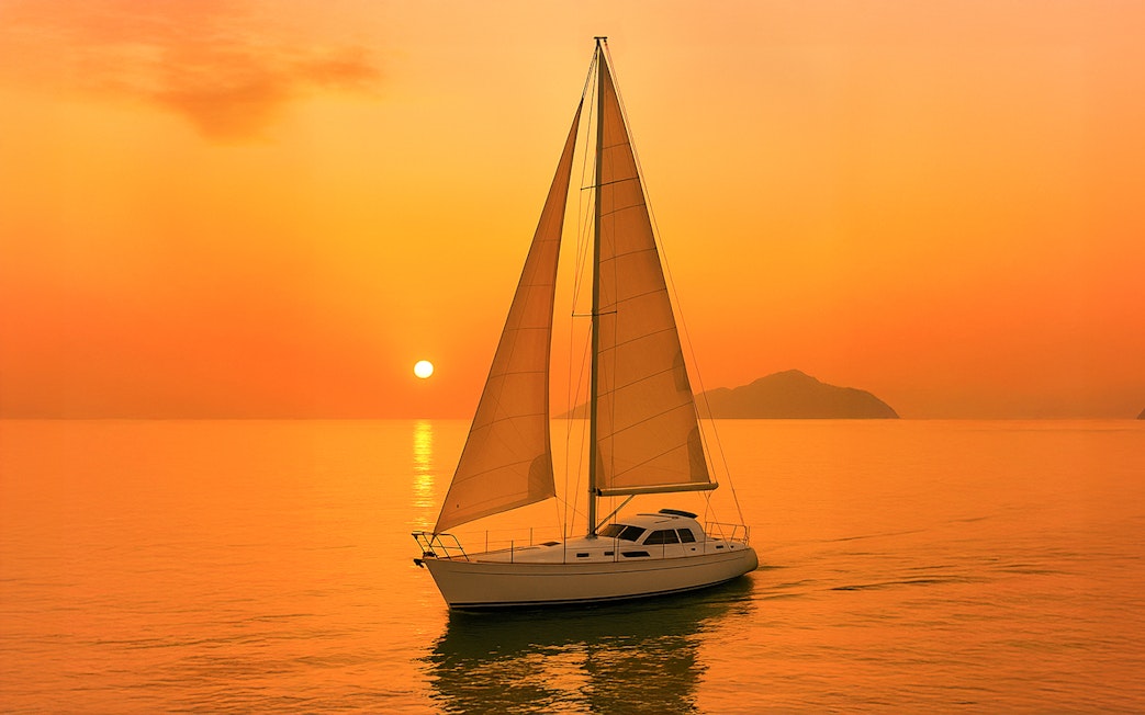 Monohull sailing at sunset in Langkawi waters.