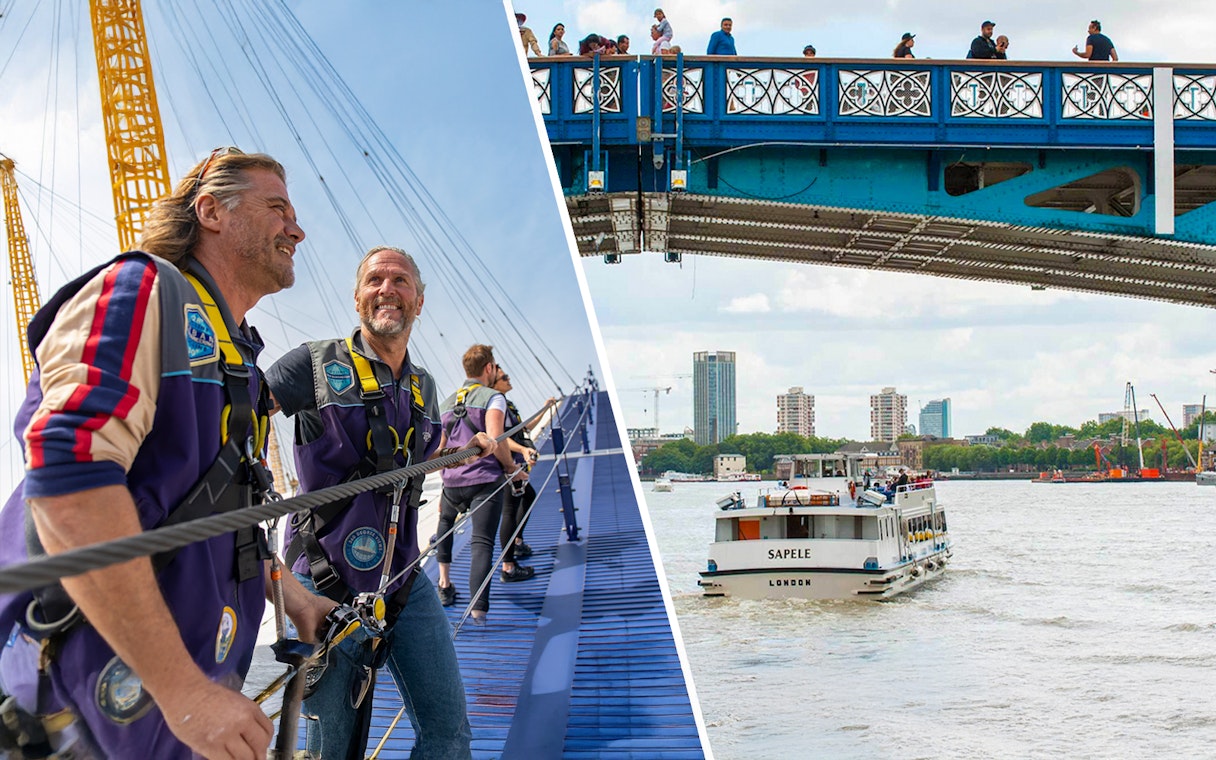 Guests climbing the O2 in London during daytime.