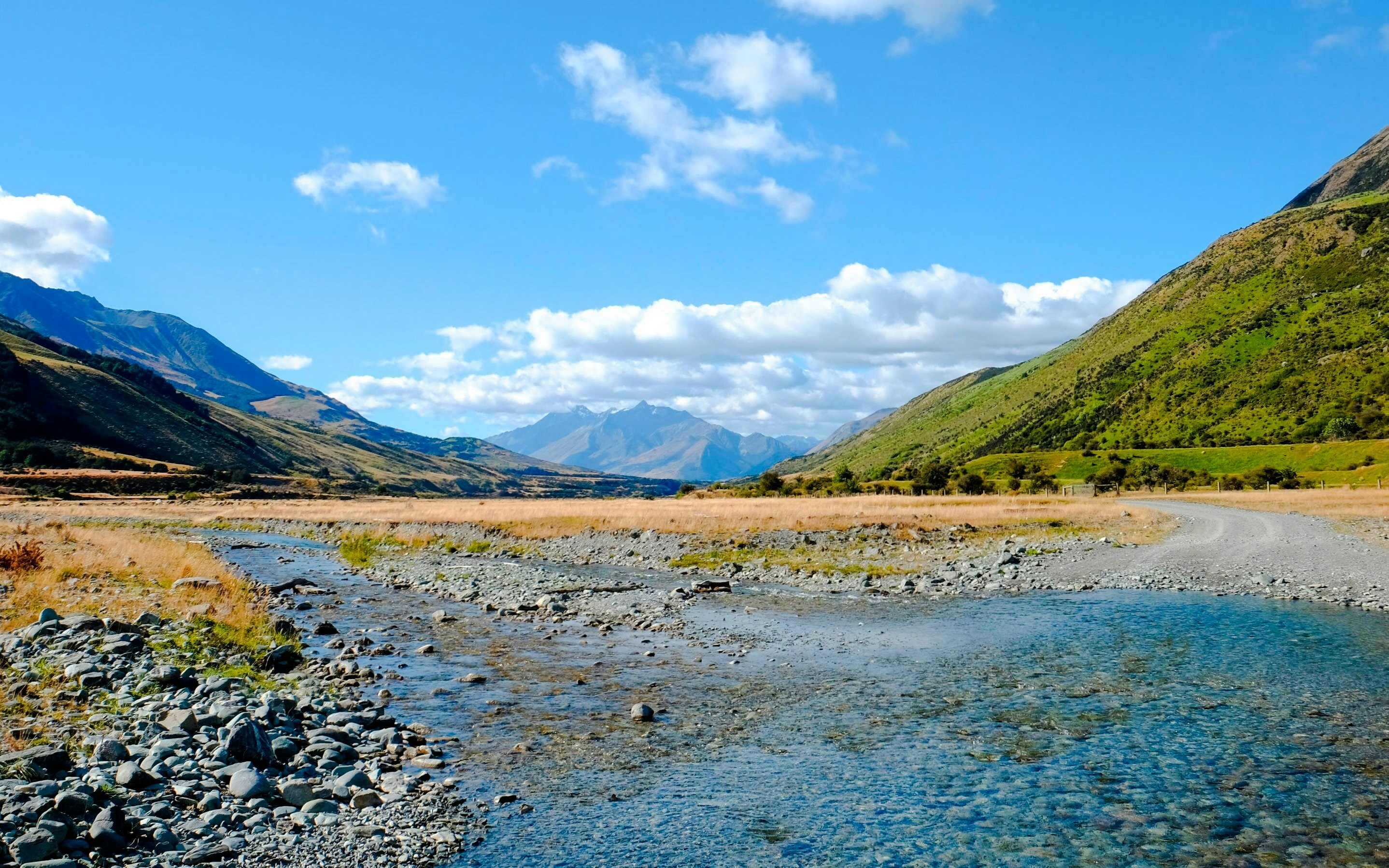 Mountain landscape with a winding river at Mt Nicholas Station, Queenstown.