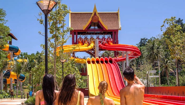 Water slides and pools at Andamanda Phuket Naga Jungle water park, Thailand.