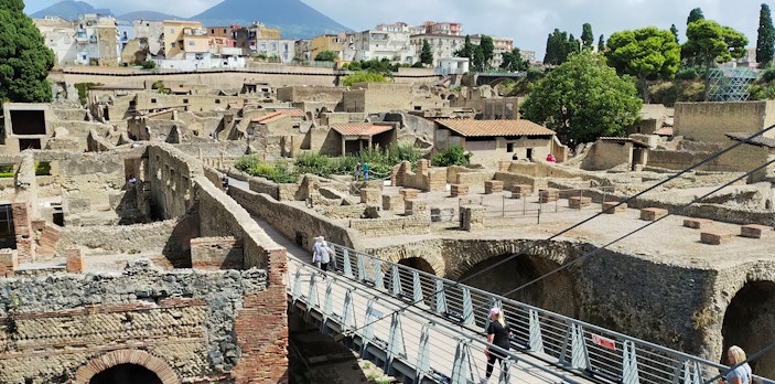 Herculaneum ruins with Mount Vesuvius in the background, Italy.