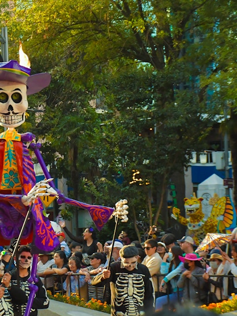 Day of the Dead parade in Mexico with large skeleton figure and costumed participants.