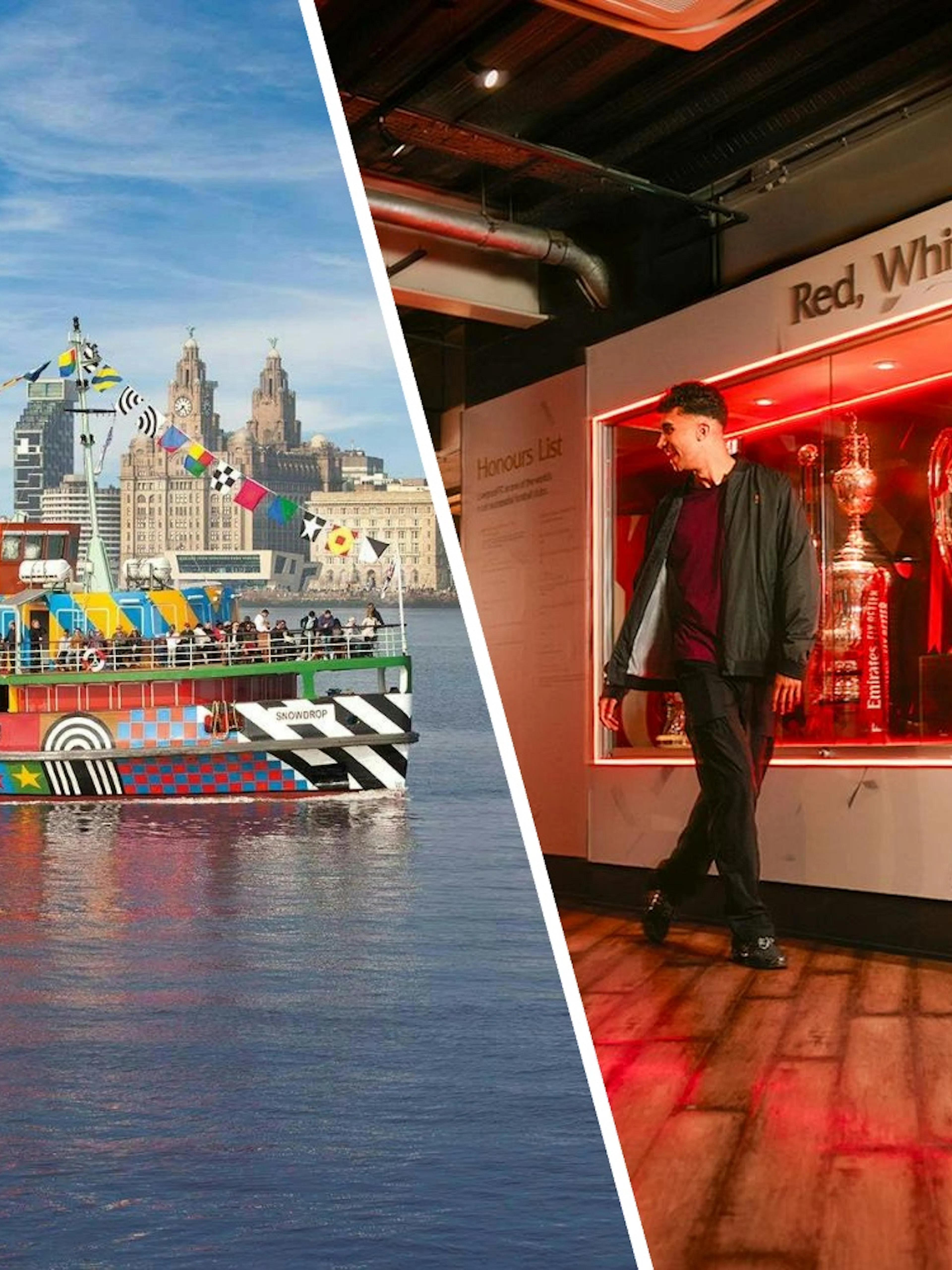 Colorful Mersey Ferry on River Mersey with Liverpool skyline; man viewing trophies in museum exhibit.