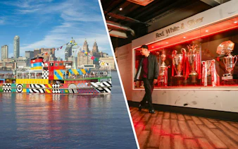 Colorful Mersey Ferry on River Mersey with Liverpool skyline; man viewing trophies in museum exhibit.