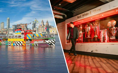 Colorful Mersey Ferry on River Mersey with Liverpool skyline; man viewing trophies in museum exhibit.