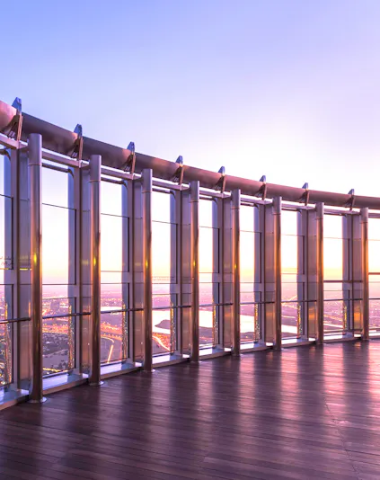 Observation deck view from Burj Khalifa, Dubai at sunset.