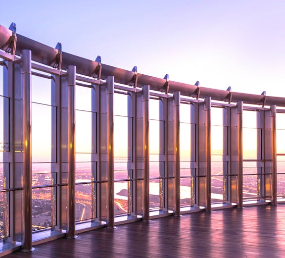 Observation deck view from Burj Khalifa, Dubai at sunset.