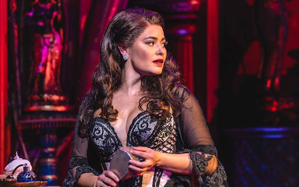 Performer in costume on stage at MOULIN ROUGE! De Musical.