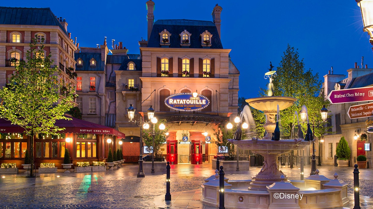Ratatouille ride entrance at Disneyland Paris with guests entering the attraction.