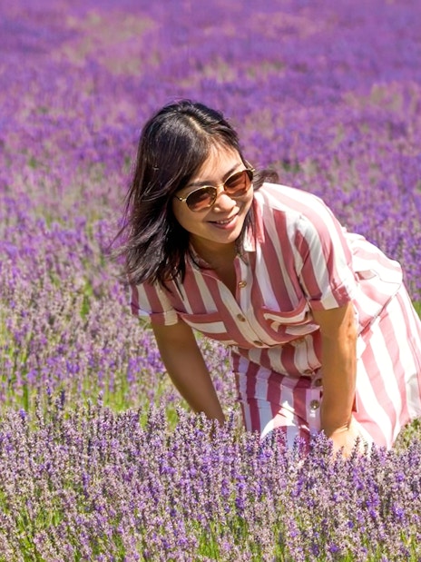 Person enjoying a lavender field during a full day tour.
