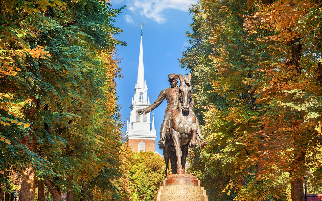 Paul Revere Monument with North Church in background, Boston.