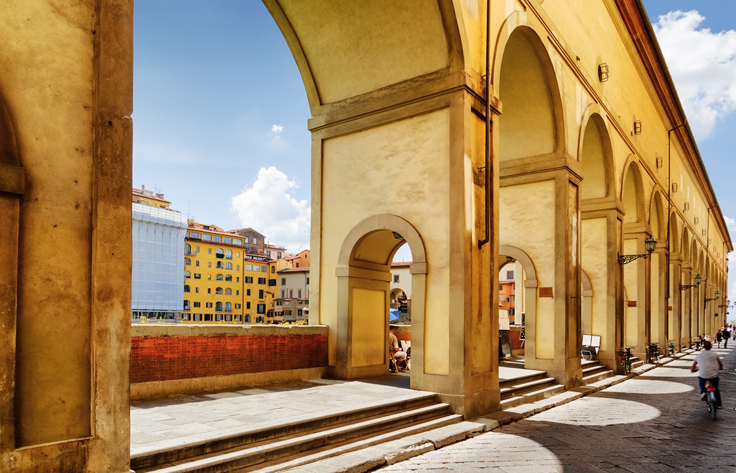 Vasari Corridor sculptures in Florence, Italy, showcasing Renaissance art.