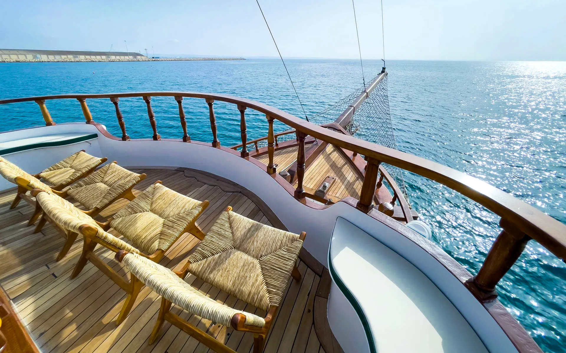 Sailing boat deck with chairs overlooking the sea on the Blue Lagoon tour from Protaras.