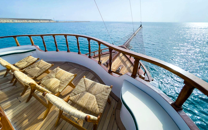Sailing boat deck with chairs overlooking the sea on the Blue Lagoon tour from Protaras.