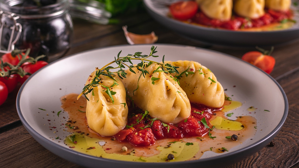 Dumplings with tomato sauce at Crown Café, Statue of Liberty.