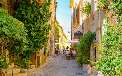 Cobblestone street with cafes and greenery in Saint Paul de Vence, France.