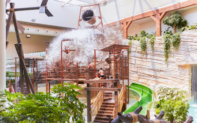Children enjoying water play area at Aqua Fort, Bellewaerde Aquapark, Belgium.