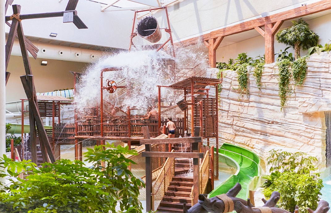 Children playing at Aqua Fort in Bellewaerde Aquapark, Belgium.