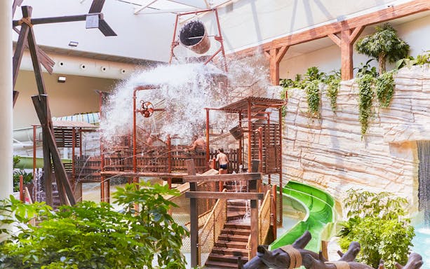 Children enjoying water play area at Aqua Fort, Bellewaerde Aquapark, Belgium.