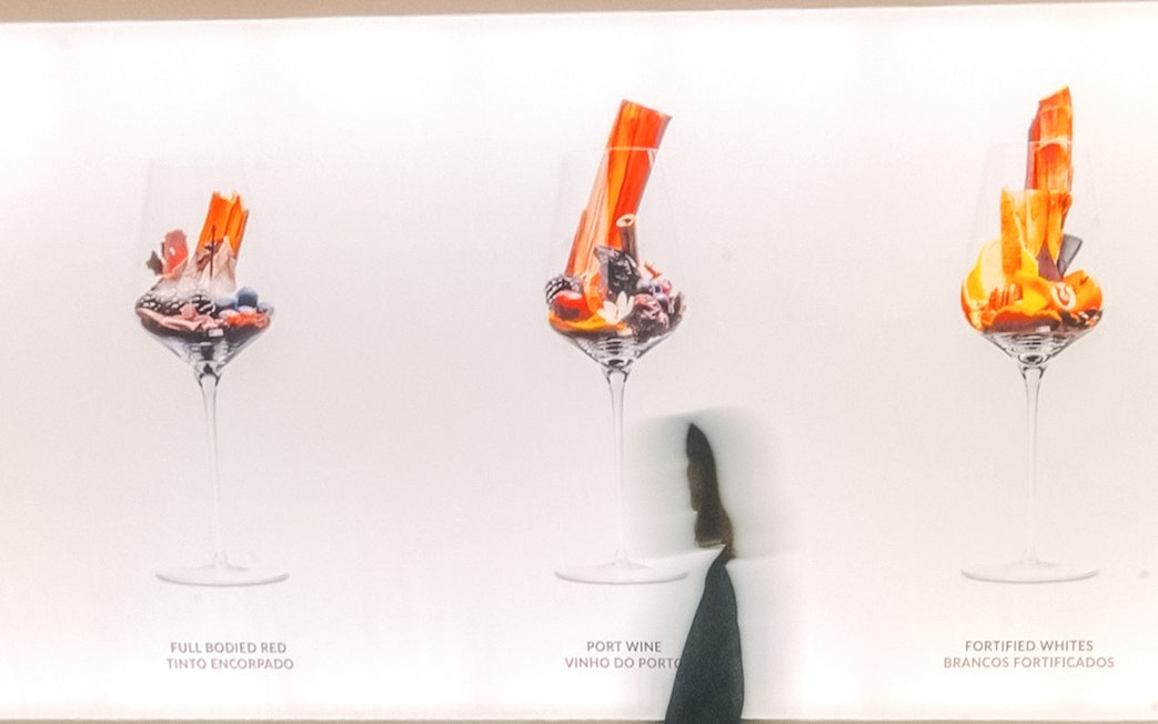 Wine glasses displaying full-bodied red, port, and fortified whites at The Wine Experience.