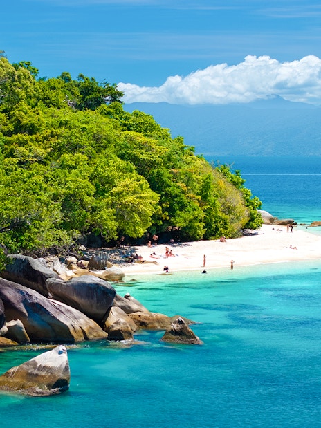 Fitzroy Island beach with clear water and lush greenery, Cairns day trip.
