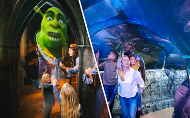 Shrek Adventure and SEA Life London experience with families exploring attractions.