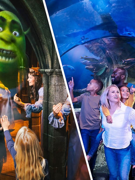 Shrek Adventure and SEA Life London experience with families exploring attractions.